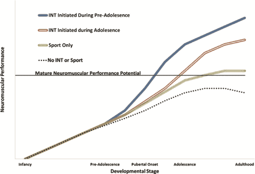 Figura 2. Modelo conceptual que compara los efectos del INT en diferentes etapas de la juventud. (9).