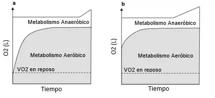 representación esquemática de la contribución aeróbica y anaeróbica en un esfuerzo máximo con (a) y sin (b) una preactivación