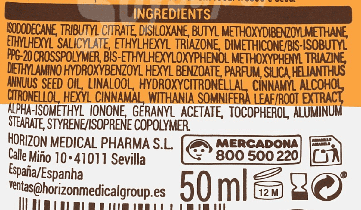 Ingredientes crema solar mercadona