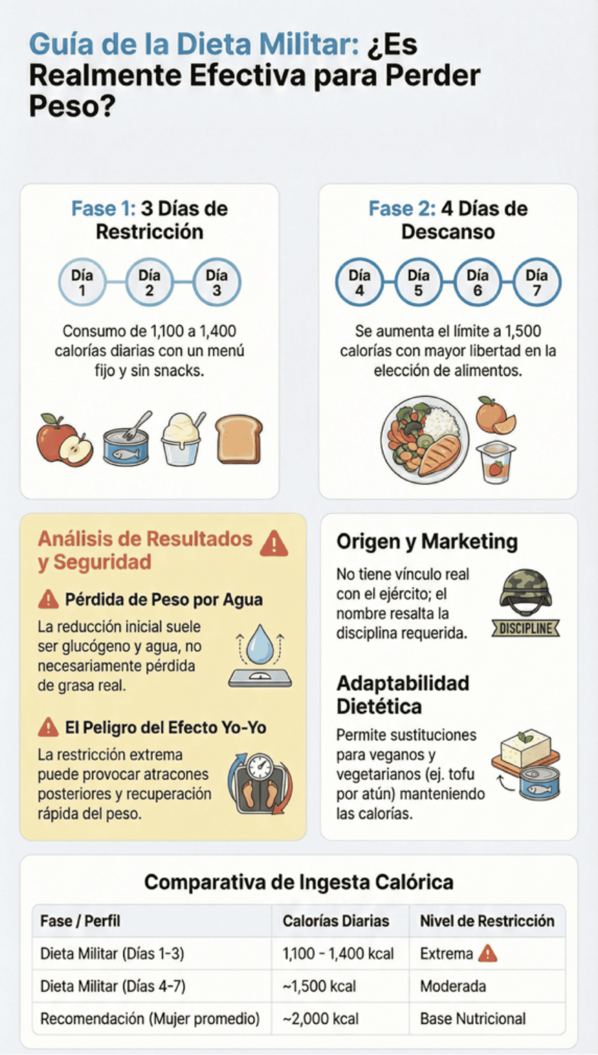 Dieta militar: beneficios y 3 ejemplos de menús diarios Alimentos dieta militar