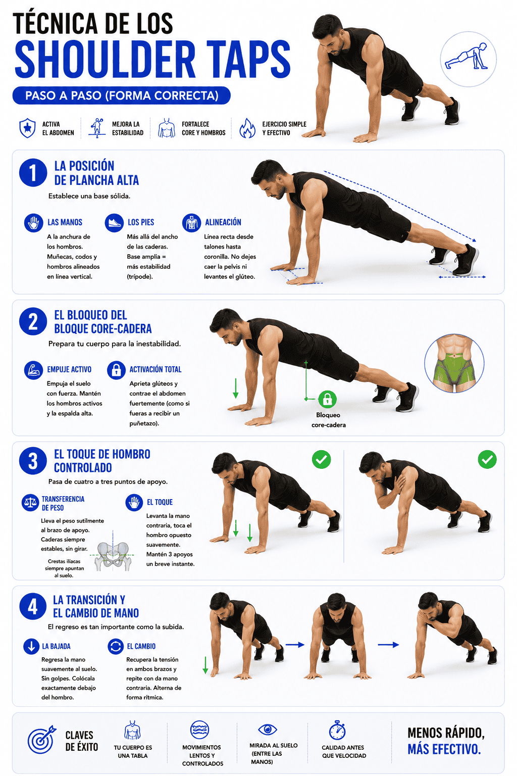 Shoulder taps: Técnica, beneficios y errores Técnica shoulder taps
