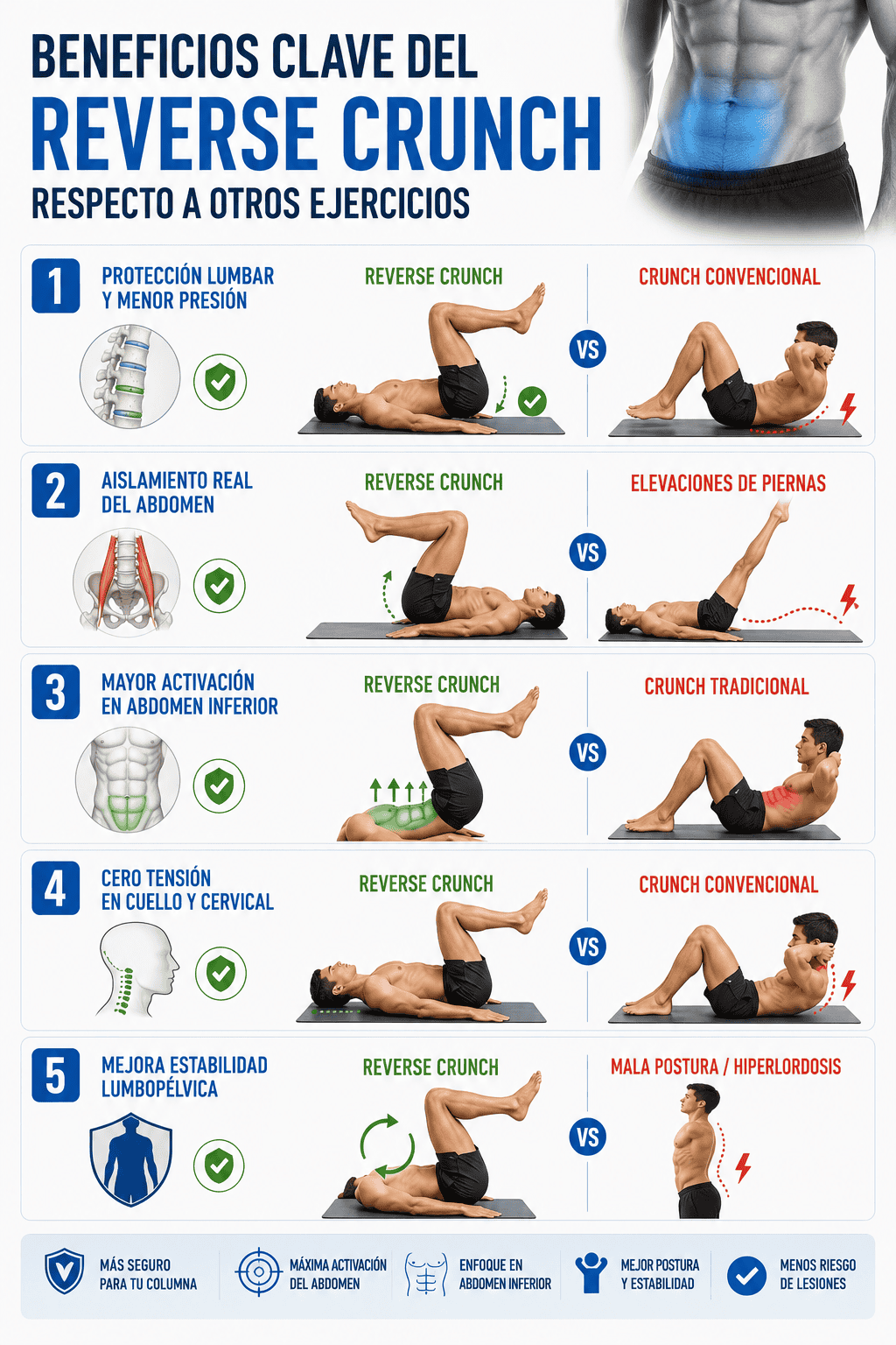 Reverse crunch: cómo hacer crunch en invertida y beneficios Beneficios reverse crunch